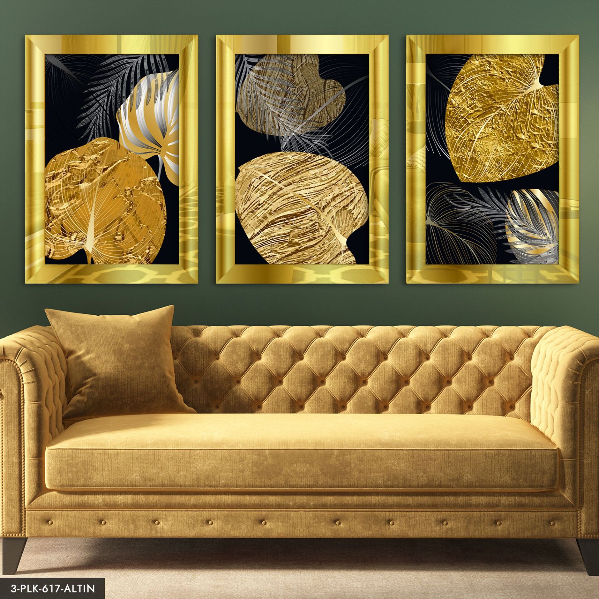 Gold Yapraklar 3 Parça Pleksi Aynalı Tablo 40 x 60 CM - Gold