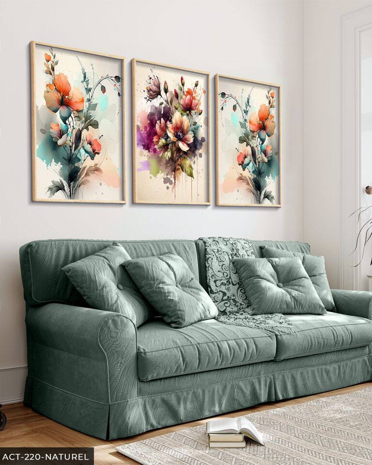 Sulu Boya Görünümlü Renkli Çiçekler 3 Parça Ahşap Çerçeveli Tablo ACT Naturel - 50 x 70 CM