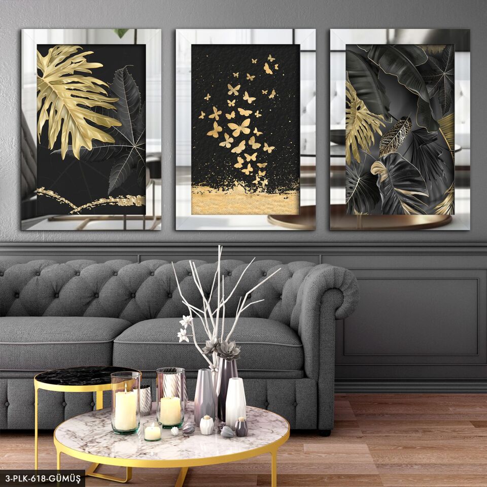 Gold Yapraklar Kelebekler 3 Parça Pleksi Aynalı Tablo 40 x 60 CM - Gümüş