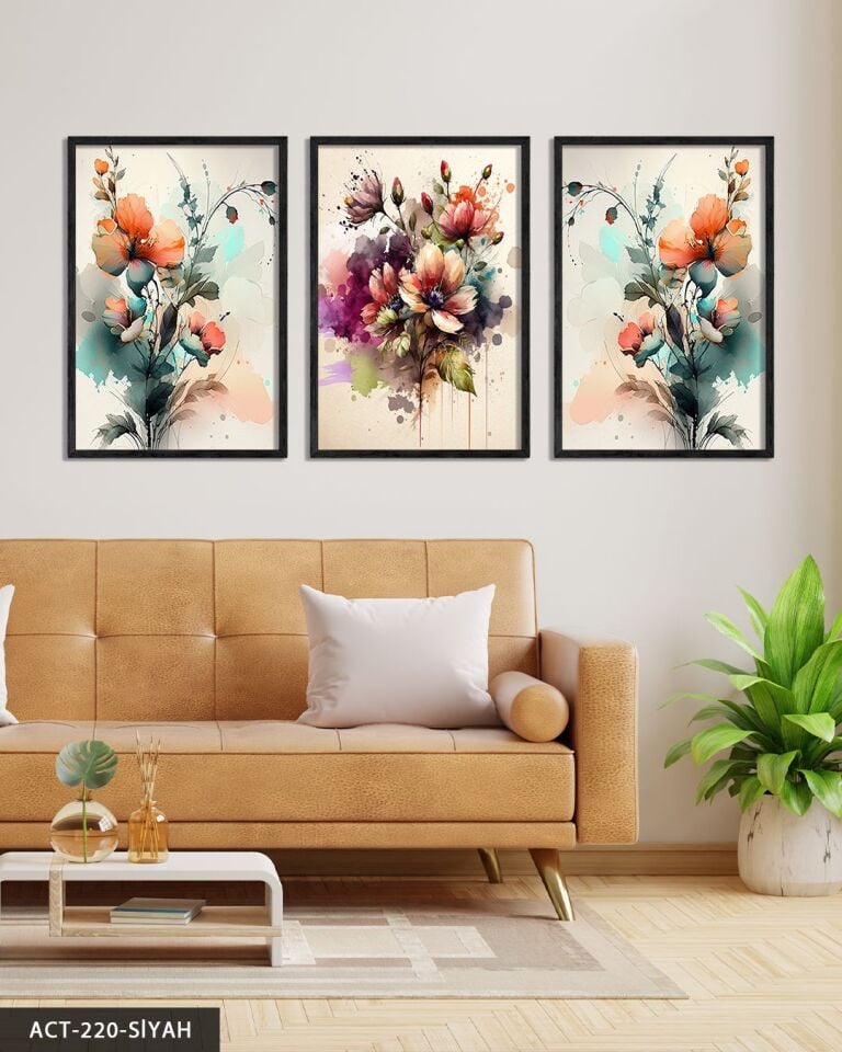 Sulu Boya Görünümlü Renkli Çiçekler 3 Parça Ahşap Çerçeveli Tablo ACT Siyah - 20 x 30 CM