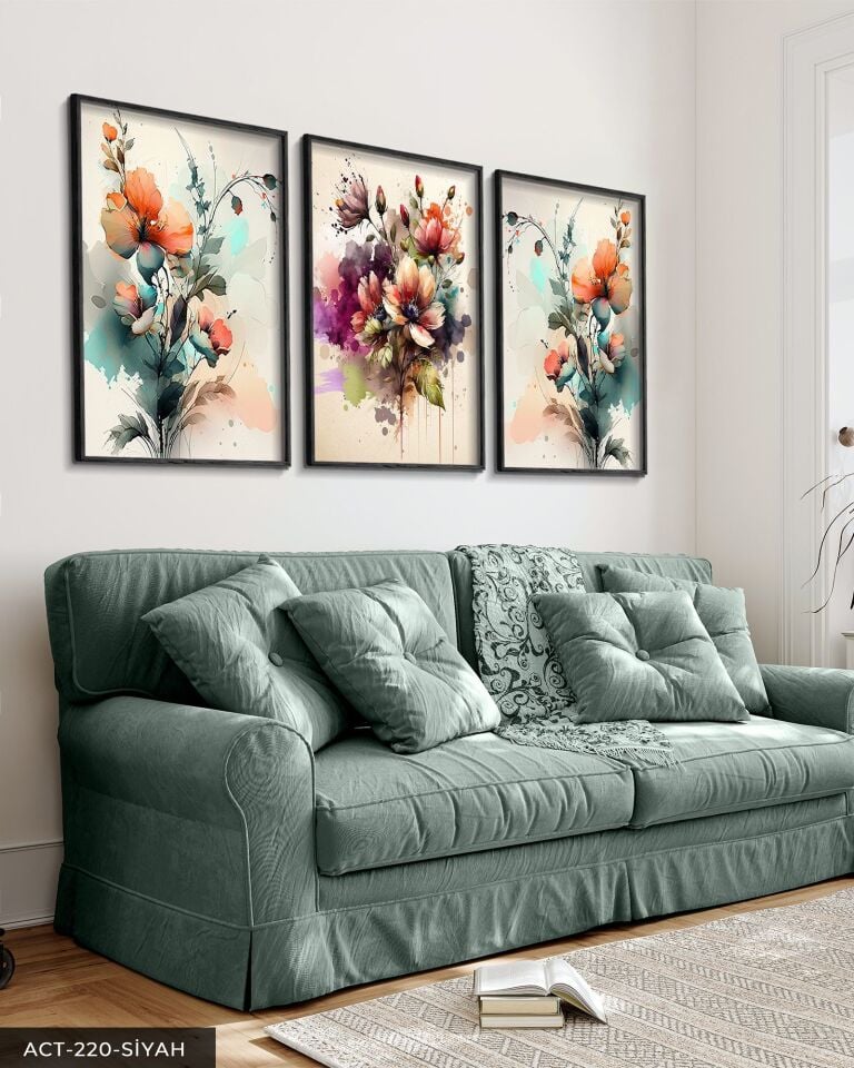Sulu Boya Görünümlü Renkli Çiçekler 3 Parça Ahşap Çerçeveli Tablo ACT Siyah - 20 x 30 CM