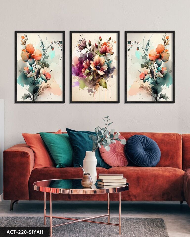 Sulu Boya Görünümlü Renkli Çiçekler 3 Parça Ahşap Çerçeveli Tablo ACT Siyah - 20 x 30 CM