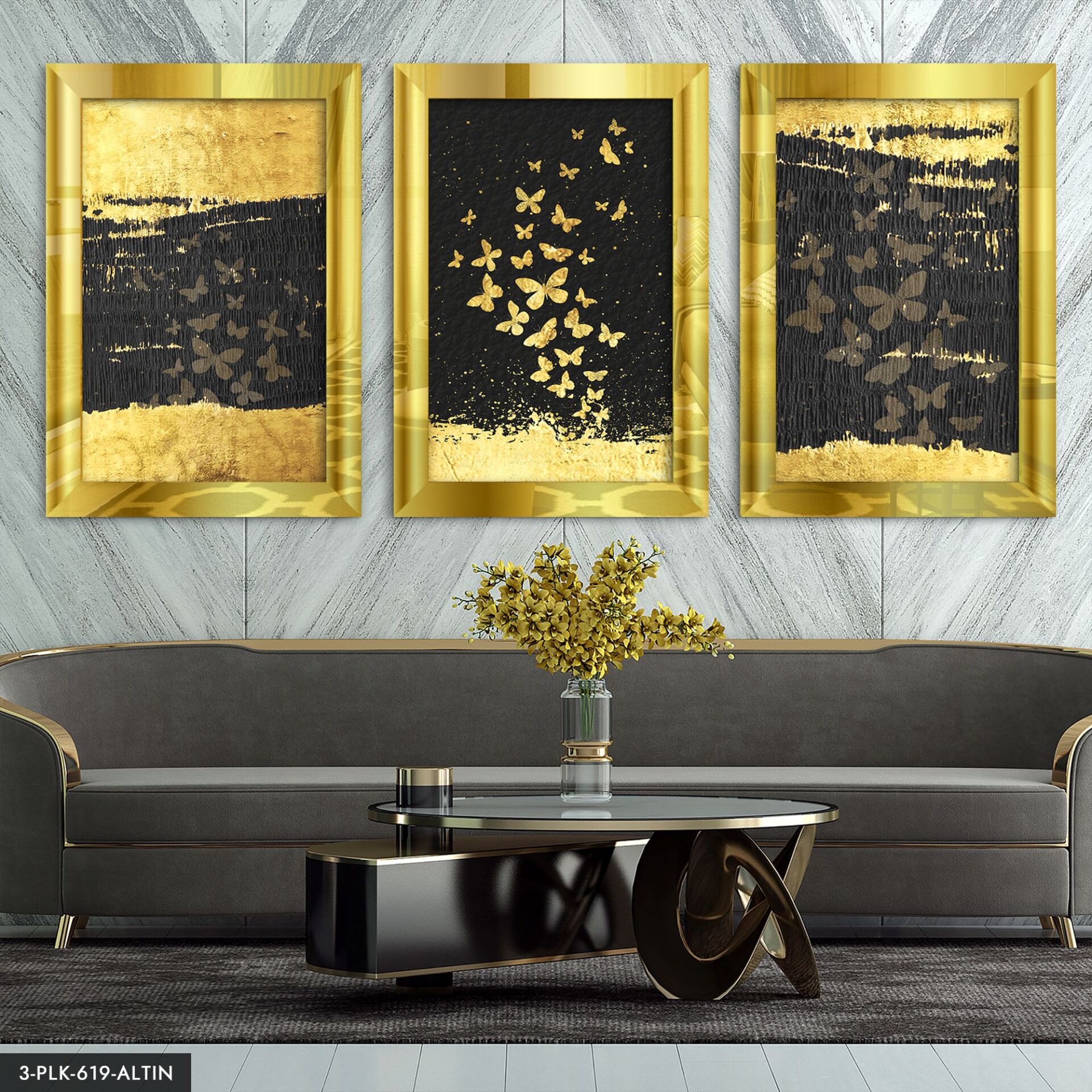 Gold Kelebekler 3 Parça Pleksi Aynalı Tablo 40 x 60 CM - Gold