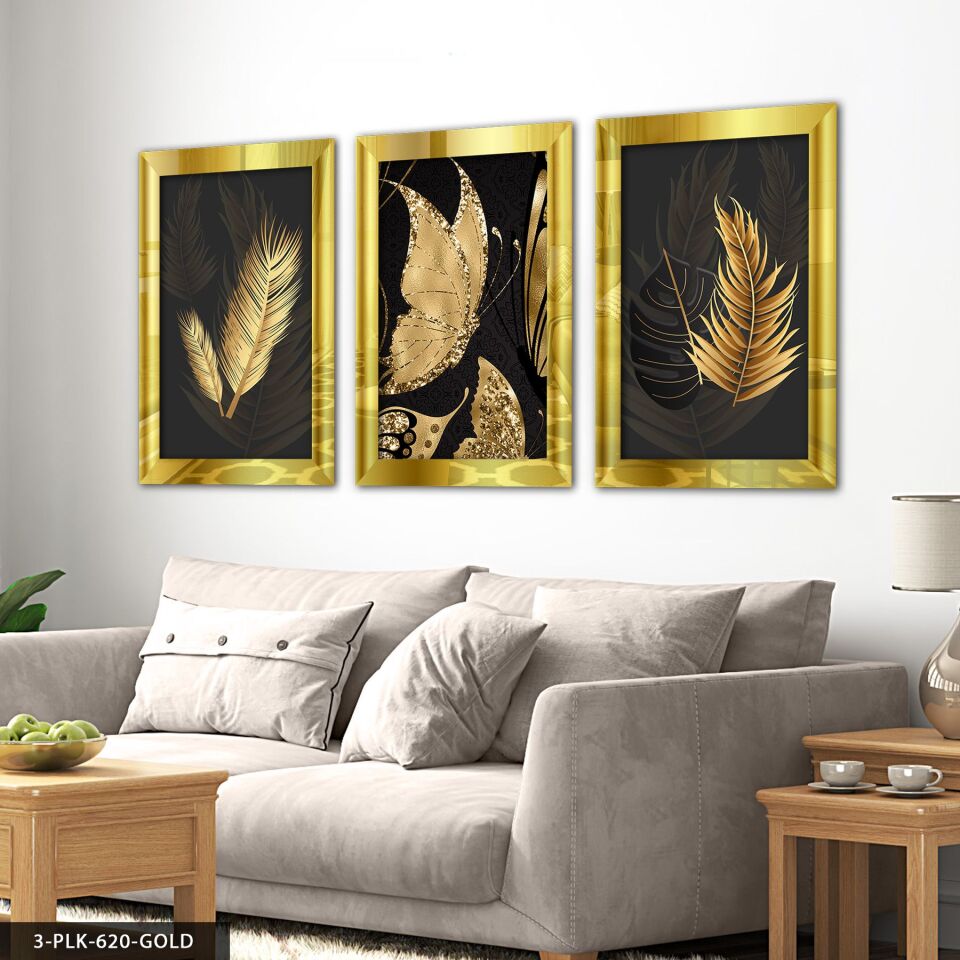 Kelebekler Yapraklar 3 Parça Pleksi Aynalı Tablo 40 x 60 CM - Gold