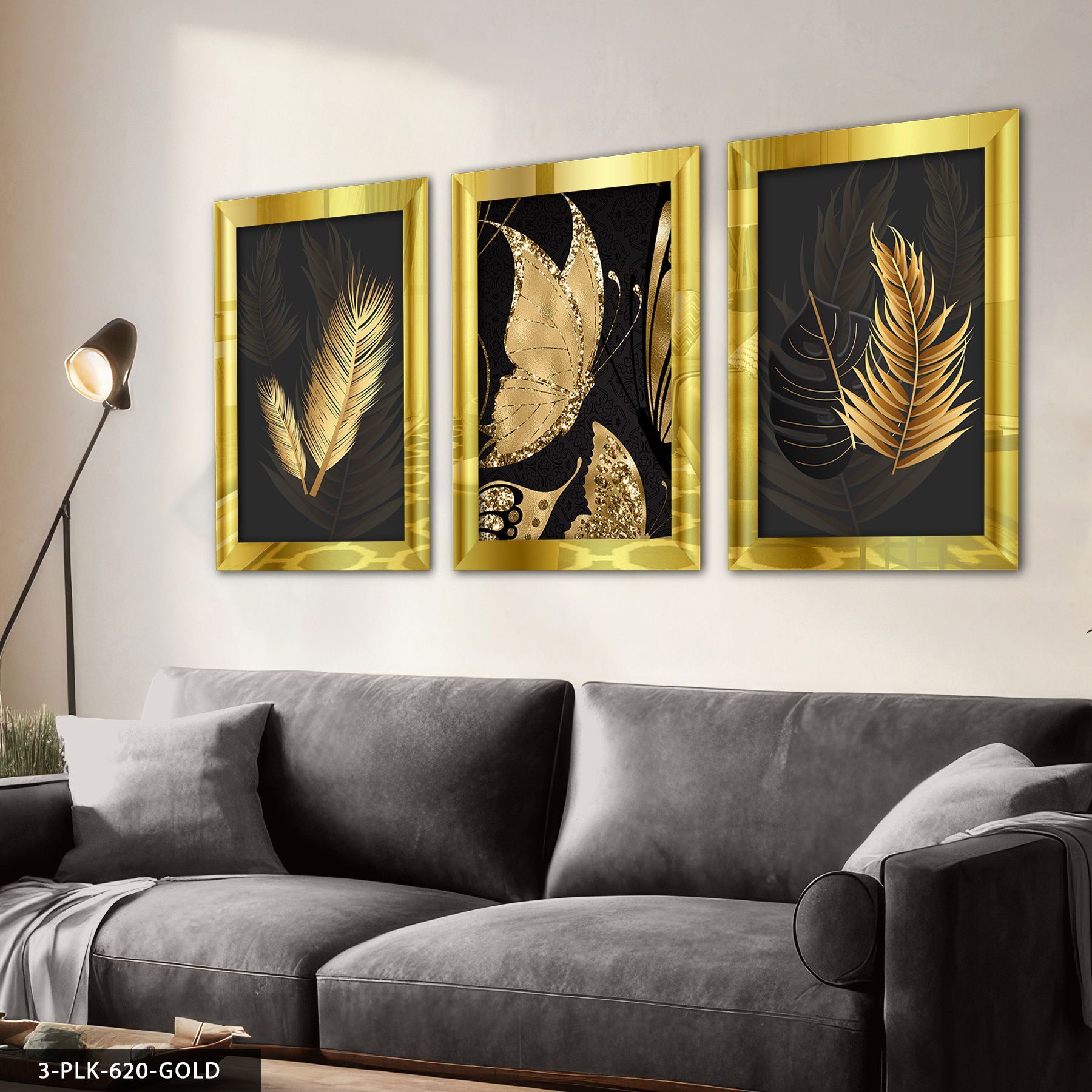 Kelebekler Yapraklar 3 Parça Pleksi Aynalı Tablo 40 x 60 CM - Gold