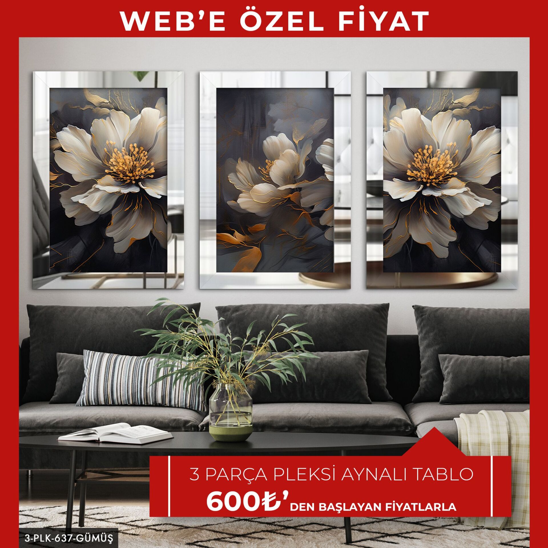 Çiçekler 3 Parça Pleksi Aynalı Tablo | WEB'E ÖZEL FİYAT