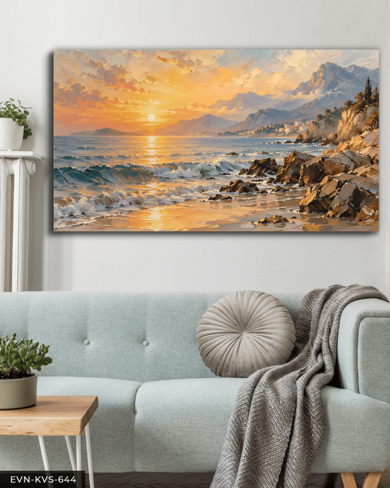 Yağlı Boya Görünümlü Sahilde Gündoğumu Tek Parça Kanvas - Canvas Tablo
