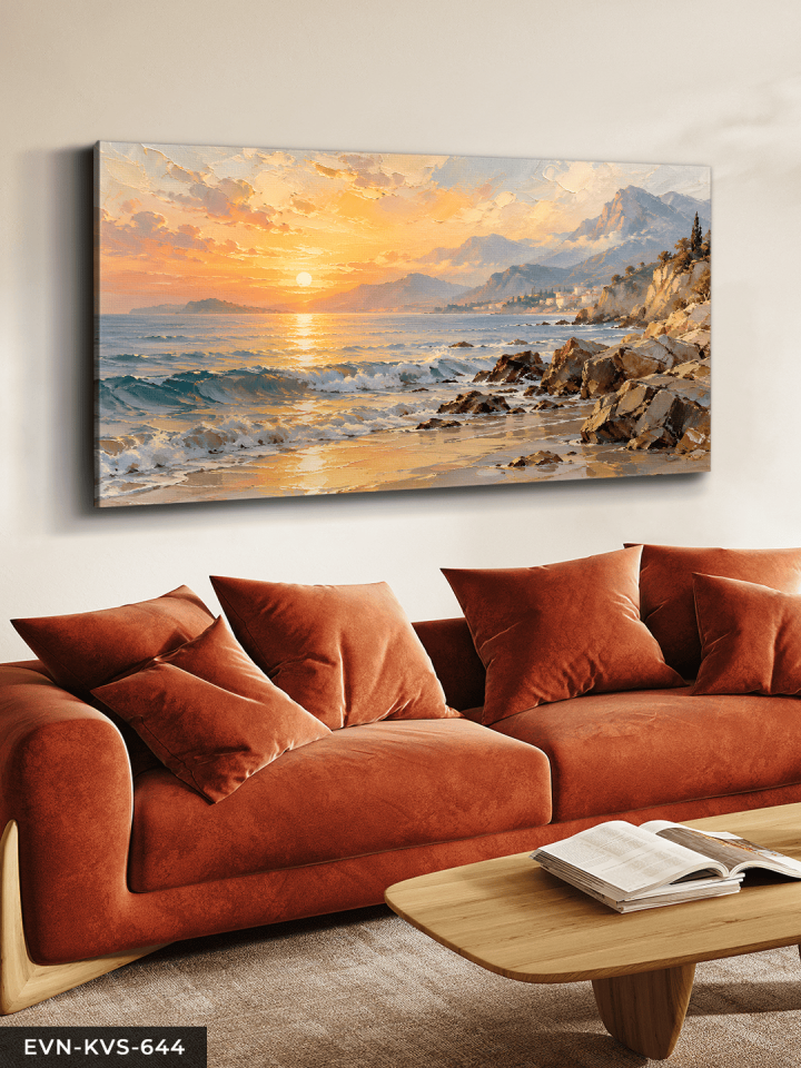 Yağlı Boya Görünümlü Sahilde Gündoğumu Tek Parça Kanvas - Canvas Tablo