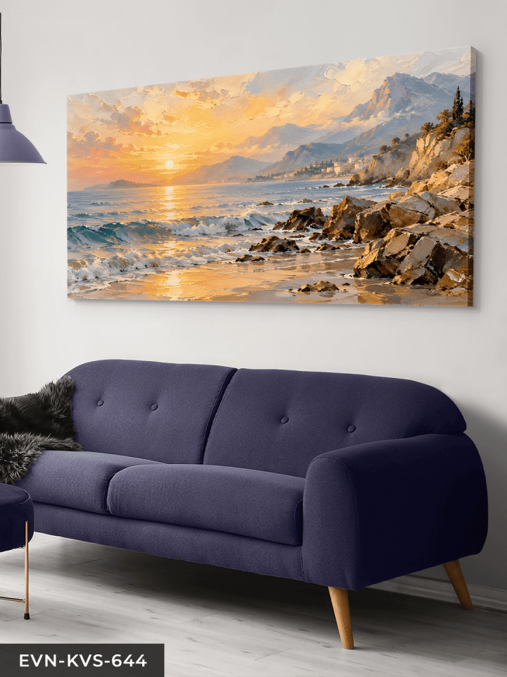 Yağlı Boya Görünümlü Sahilde Gündoğumu Tek Parça Kanvas - Canvas Tablo