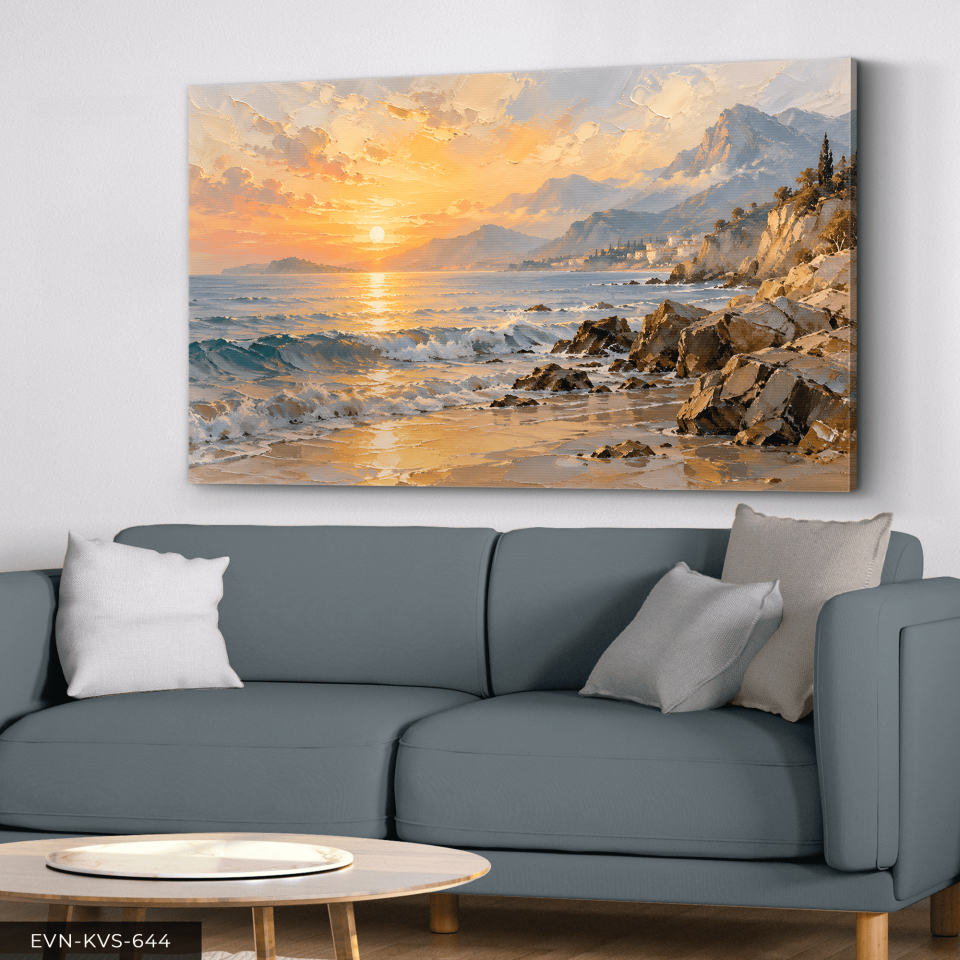 Yağlı Boya Görünümlü Sahilde Gündoğumu Tek Parça Kanvas - Canvas Tablo