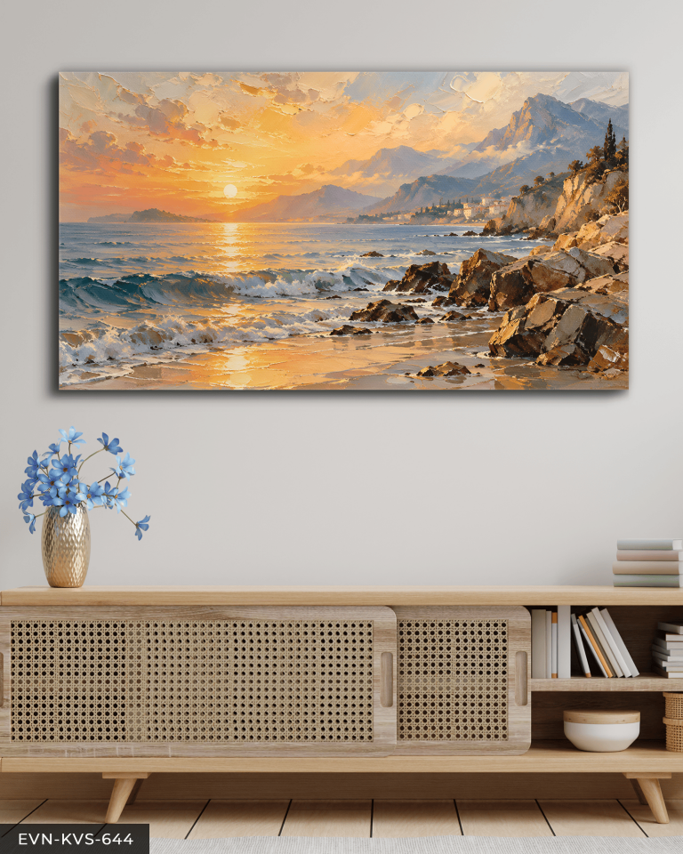 Yağlı Boya Görünümlü Sahilde Gündoğumu Tek Parça Kanvas - Canvas Tablo