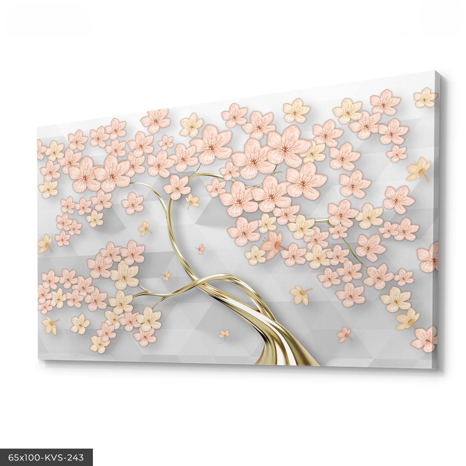Pembe Çiçekli Gold Ağaç Kanvas - Canvas Tablo 40 x 30 CM - Çok Renkli