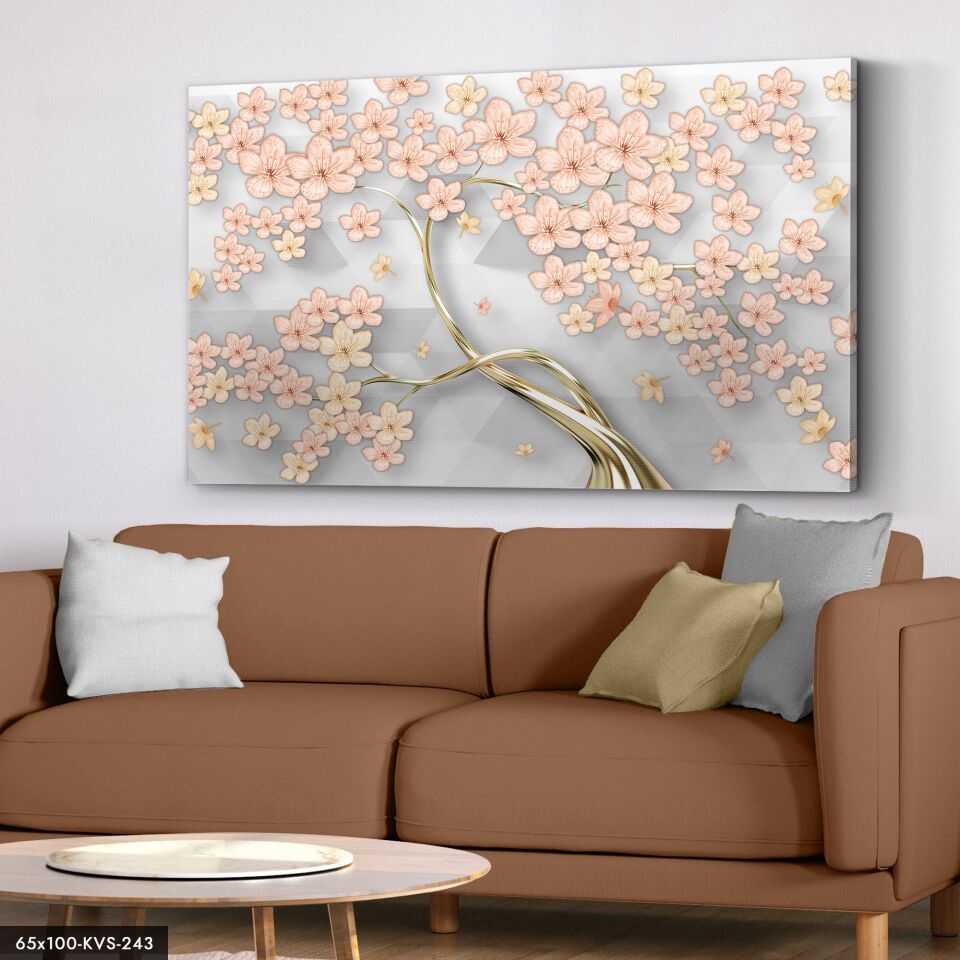 Pembe Çiçekli Gold Ağaç Kanvas - Canvas Tablo 40 x 30 CM - Çok Renkli