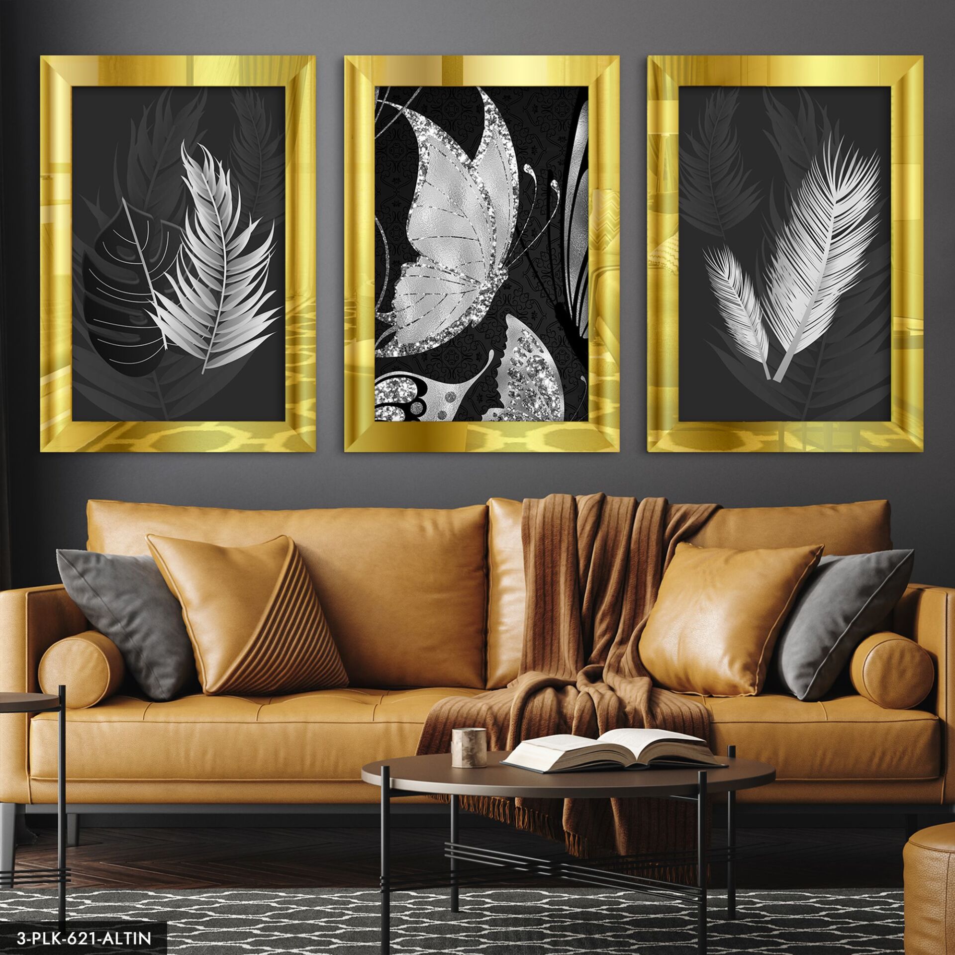 Gümüş Kelebekler 3 Parça Pleksi Aynalı Tablo 40 x 60 CM - Gold