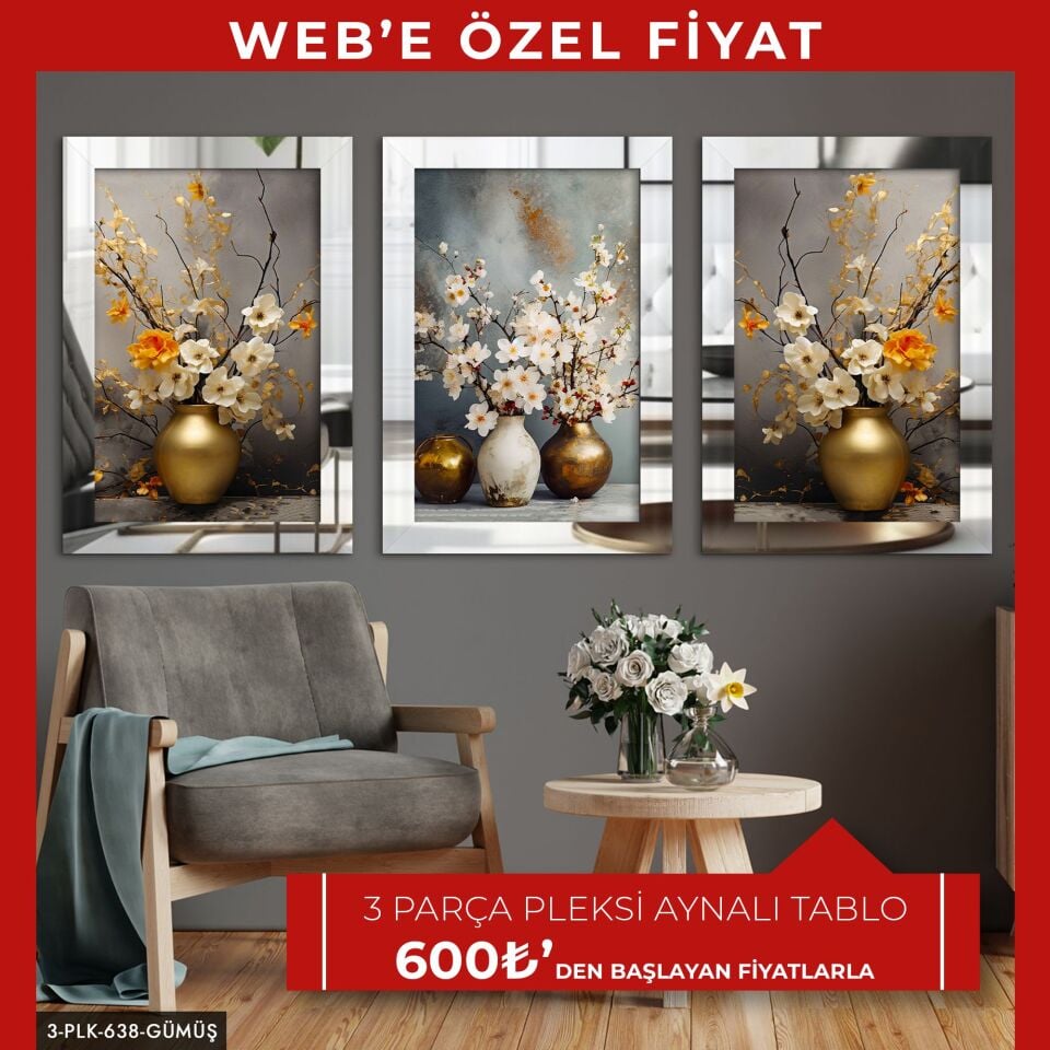Gold ve Beyaz Vazoda Çiçekler 3 Parça Pleksi Aynalı Tablo | WEB'E ÖZEL FİYAT