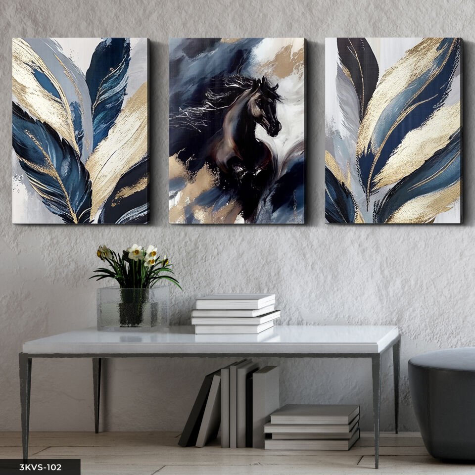 Siyah At ve Yaprak 3 Parça Kanvas - Canvas Tablo 40 x 30 CM