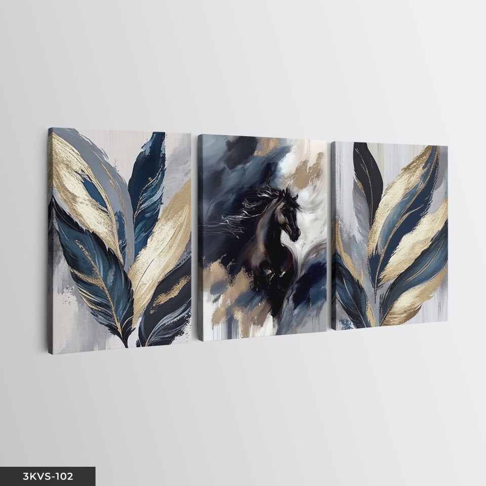 Siyah At ve Yaprak 3 Parça Kanvas - Canvas Tablo 45 x 65 CM