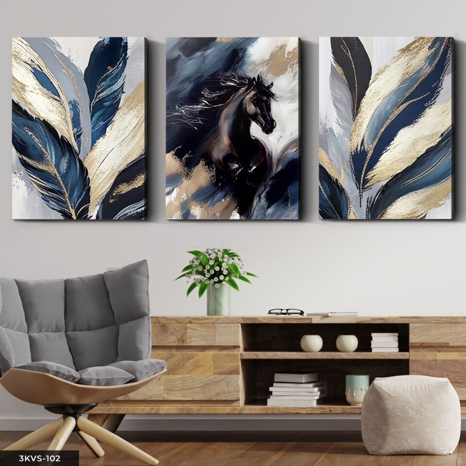 Siyah At ve Yaprak 3 Parça Kanvas - Canvas Tablo 40 x 30 CM