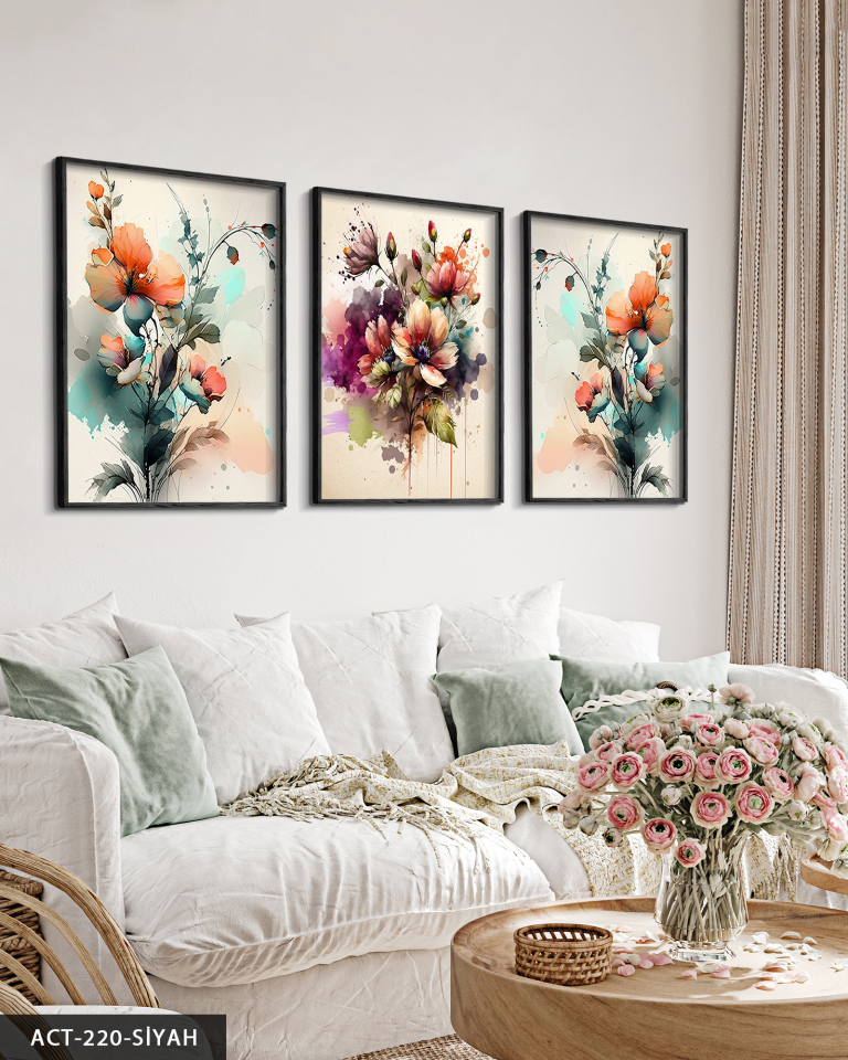 Sulu Boya Görünümlü Renkli Çiçekler 3 Parça Ahşap Çerçeveli Tablo ACT Siyah - 50 x 70 CM