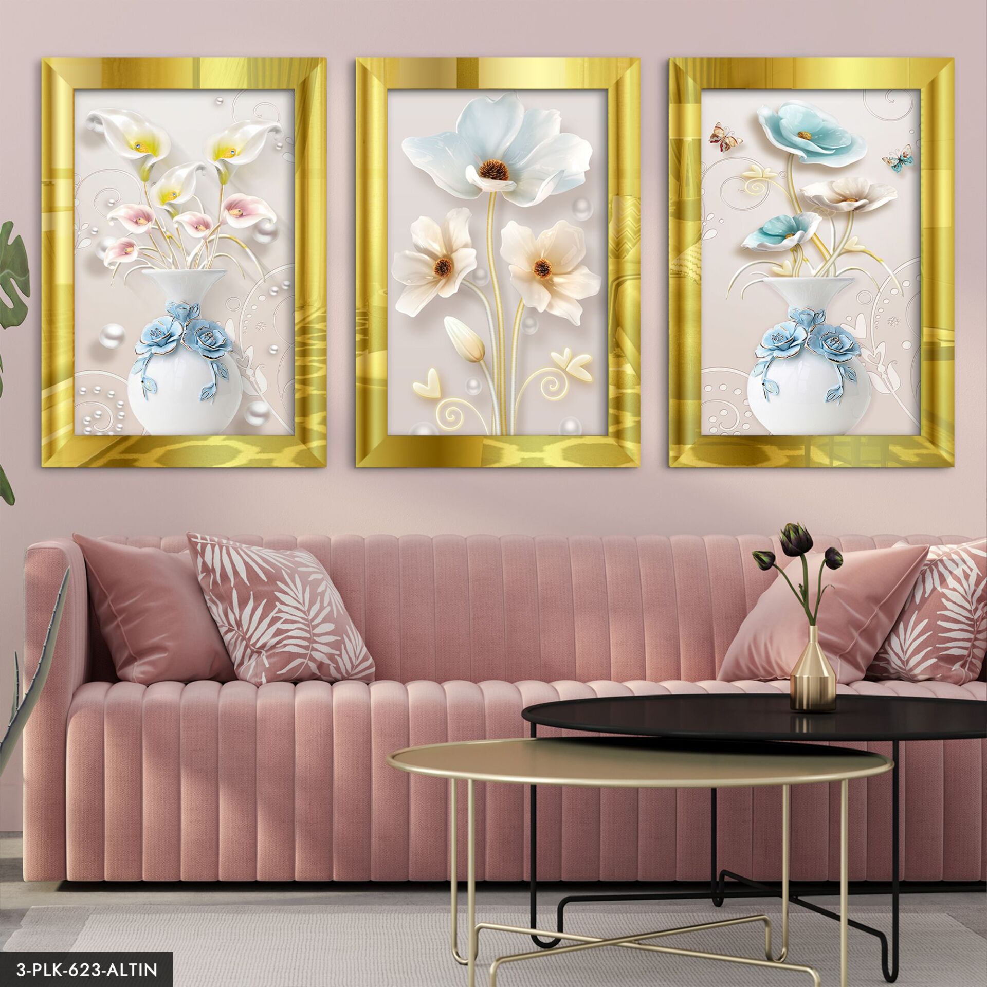 Mavi Çiçekler 3 Parça Pleksi Aynalı Tablo 40 x 60 CM - Gold