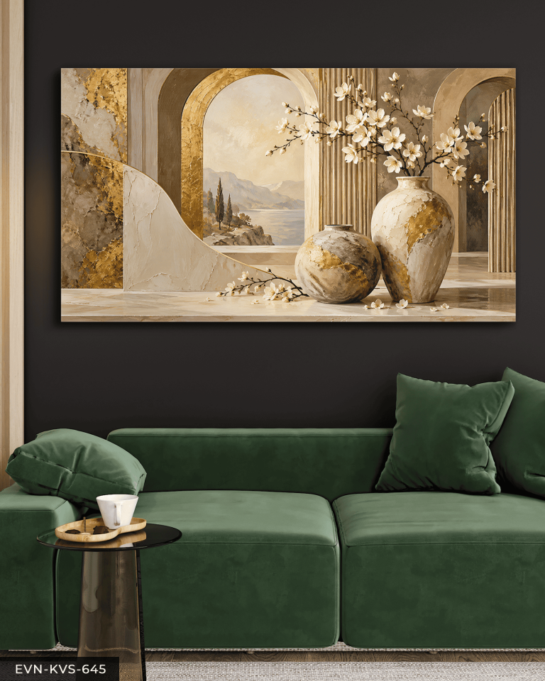 Gold Detaylı Vazoda Çiçek ve Manzara Tek Parça Kanvas - Canvas Tablo