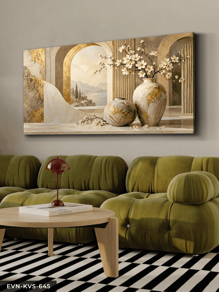 Gold Detaylı Vazoda Çiçek ve Manzara Tek Parça Kanvas - Canvas Tablo