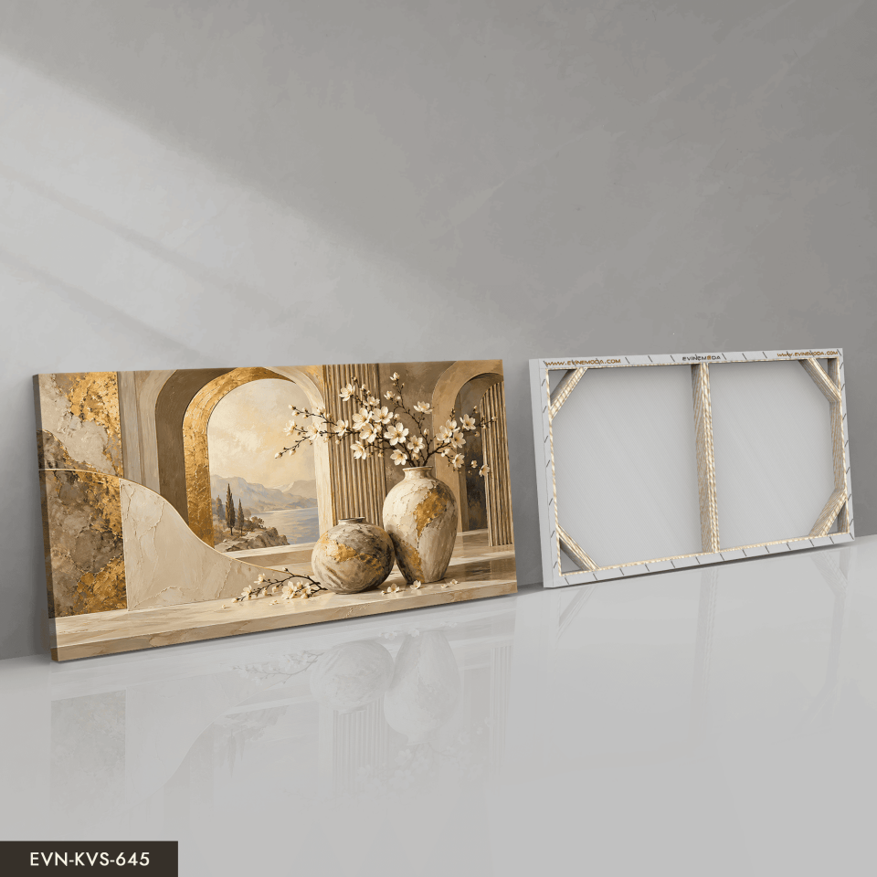 Gold Detaylı Vazoda Çiçek ve Manzara Tek Parça Kanvas - Canvas Tablo