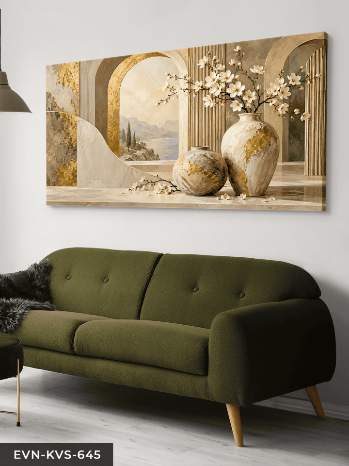 Gold Detaylı Vazoda Çiçek ve Manzara Tek Parça Kanvas - Canvas Tablo