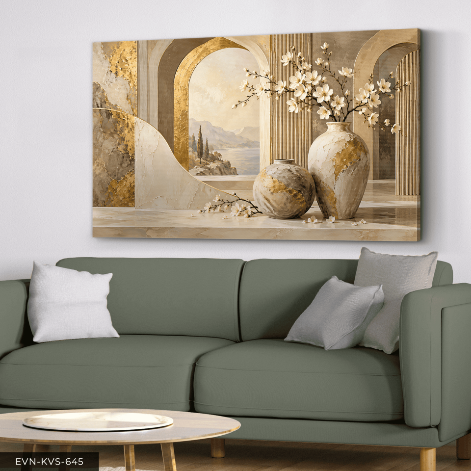 Gold Detaylı Vazoda Çiçek ve Manzara Tek Parça Kanvas - Canvas Tablo