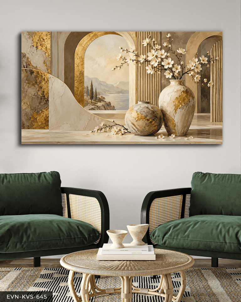 Gold Detaylı Vazoda Çiçek ve Manzara Tek Parça Kanvas - Canvas Tablo