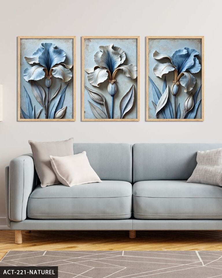 Dokulu Görünümlü Mavi Çiçek 3 Parça Ahşap Çerçeveli Tablo ACT Naturel - 20 x 30 CM