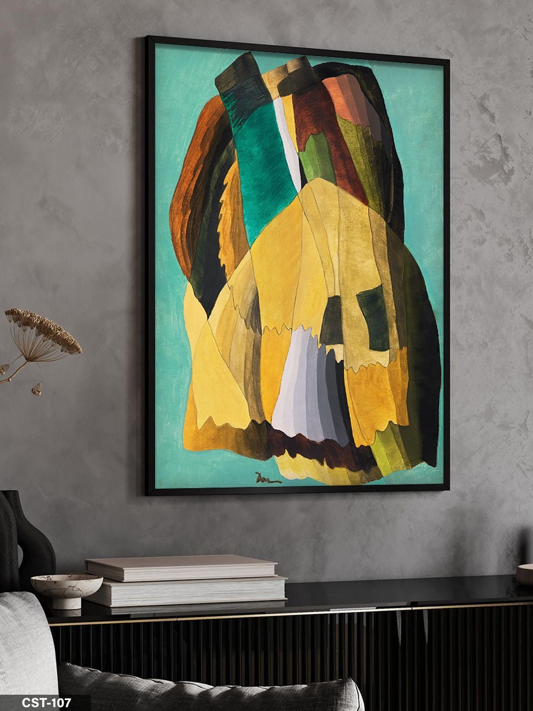 Sarı-yeşil Tonlarda Soyut Figür Tek Parça Ahşap Çerçeveli Tablo Siyah - 30 x 40 CM
