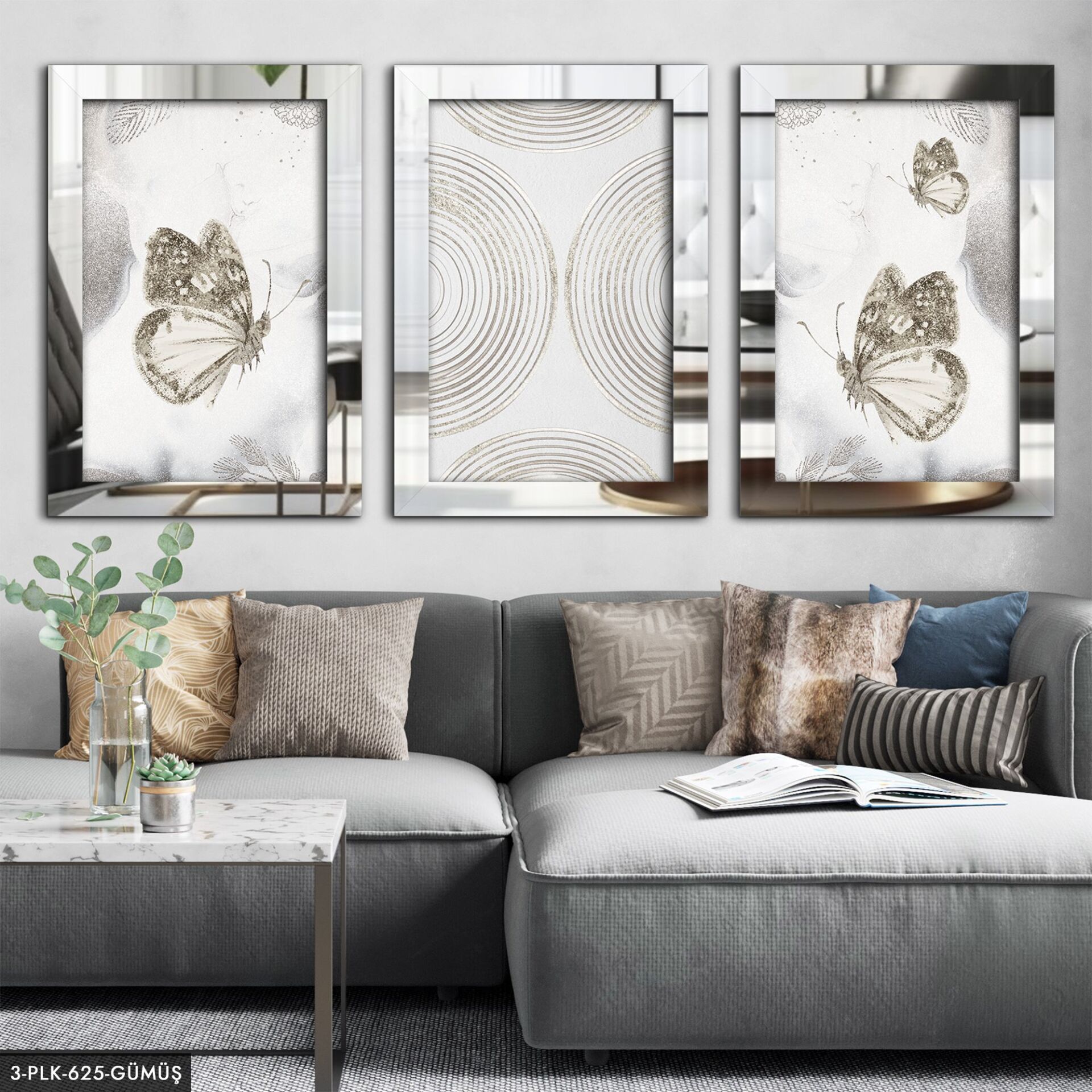 Kelebek 3 Parça Pleksi Aynalı Tablo 40 x 60 CM - Gümüş