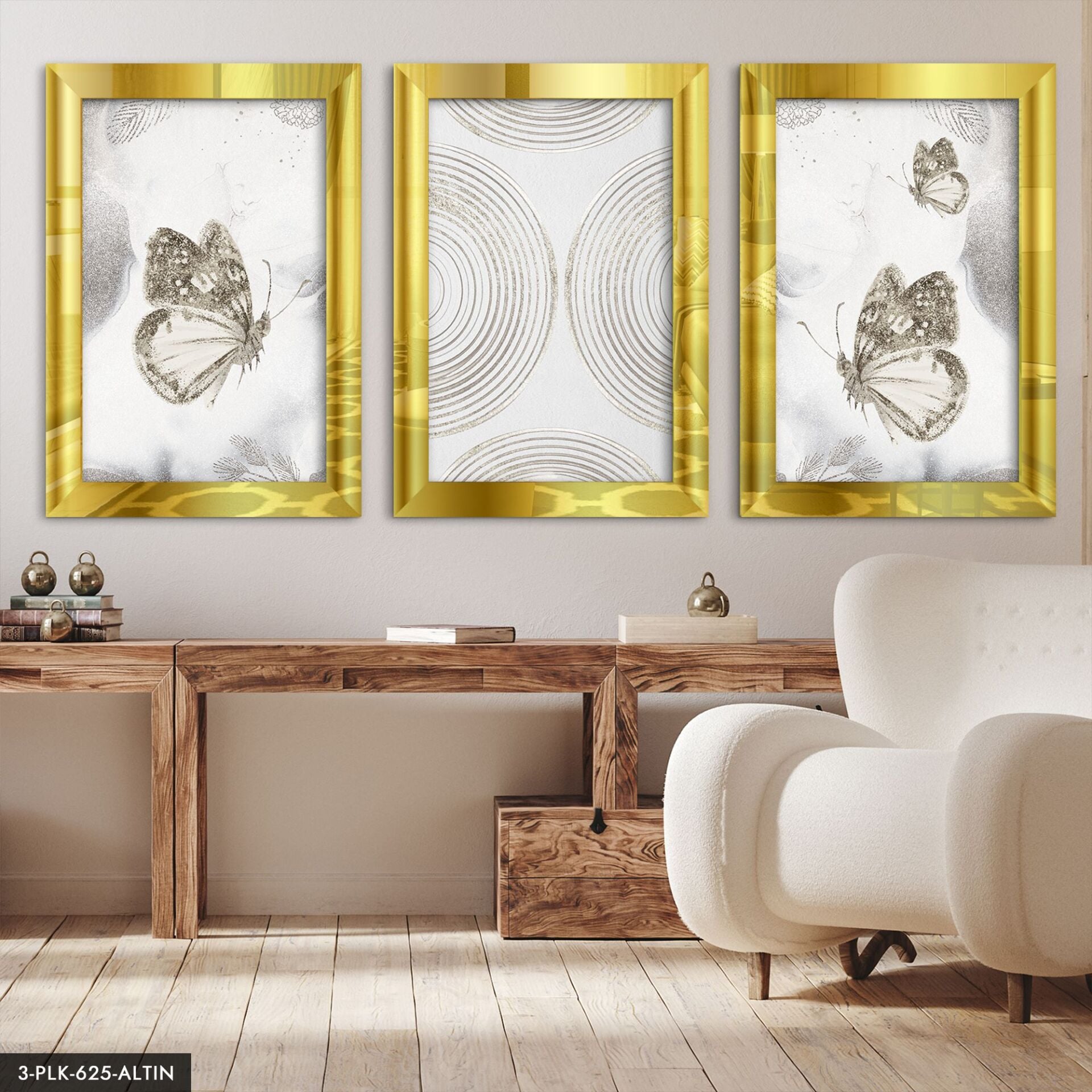 Kelebek 3 Parça Pleksi Aynalı Tablo 40 x 60 CM - Gold