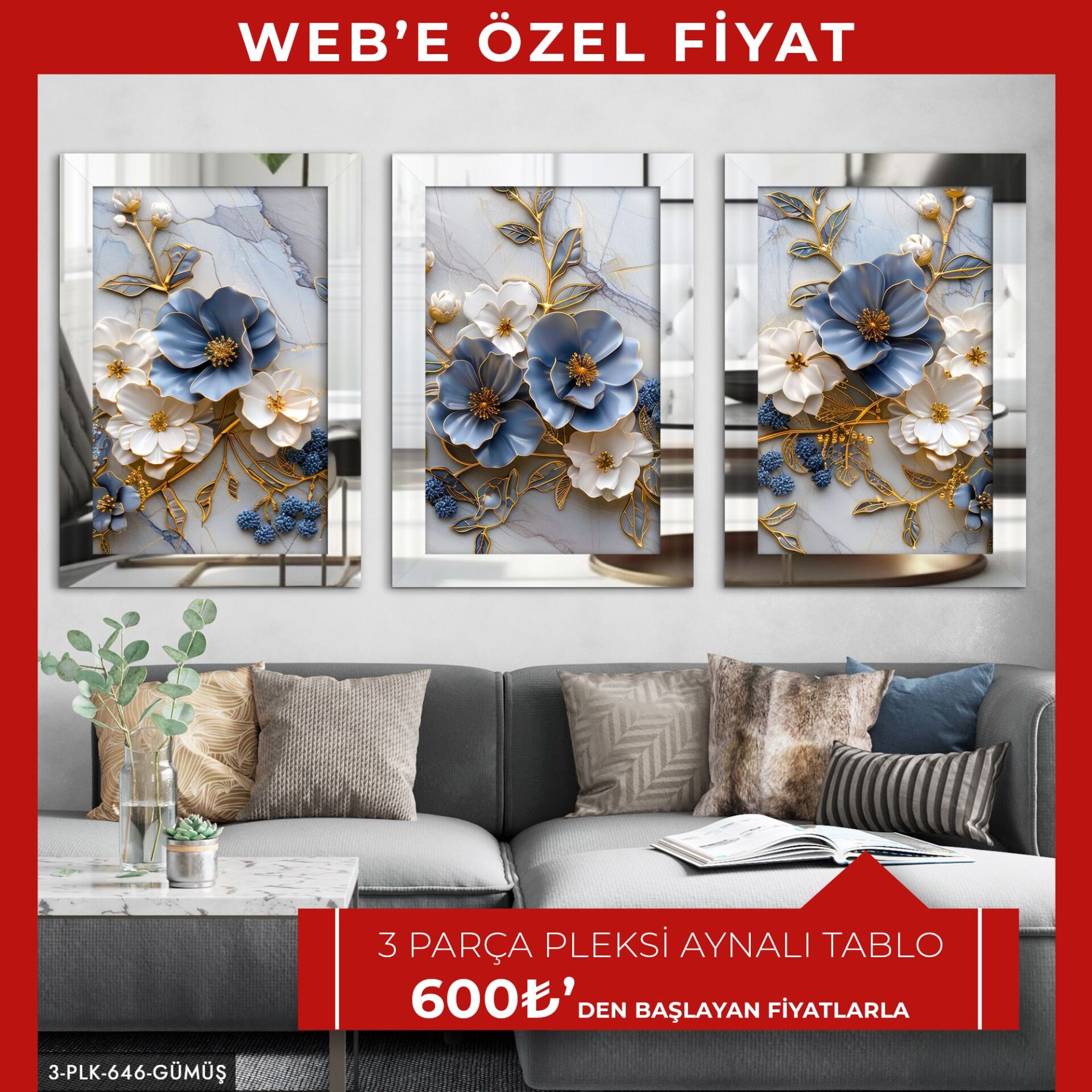 Mavi Beyaz Çiçekler Gold Yaprak Detaylı 3 Parça Pleksi Aynalı Tablo | WEB'E ÖZEL FİYAT