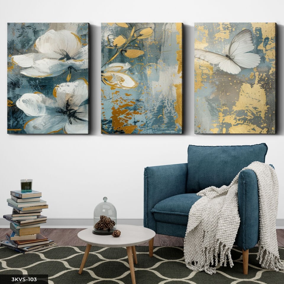 Gold Detaylı Çiçek ve Kelebek 3 Parça Kanvas - Canvas Tablo 40 x 30 CM