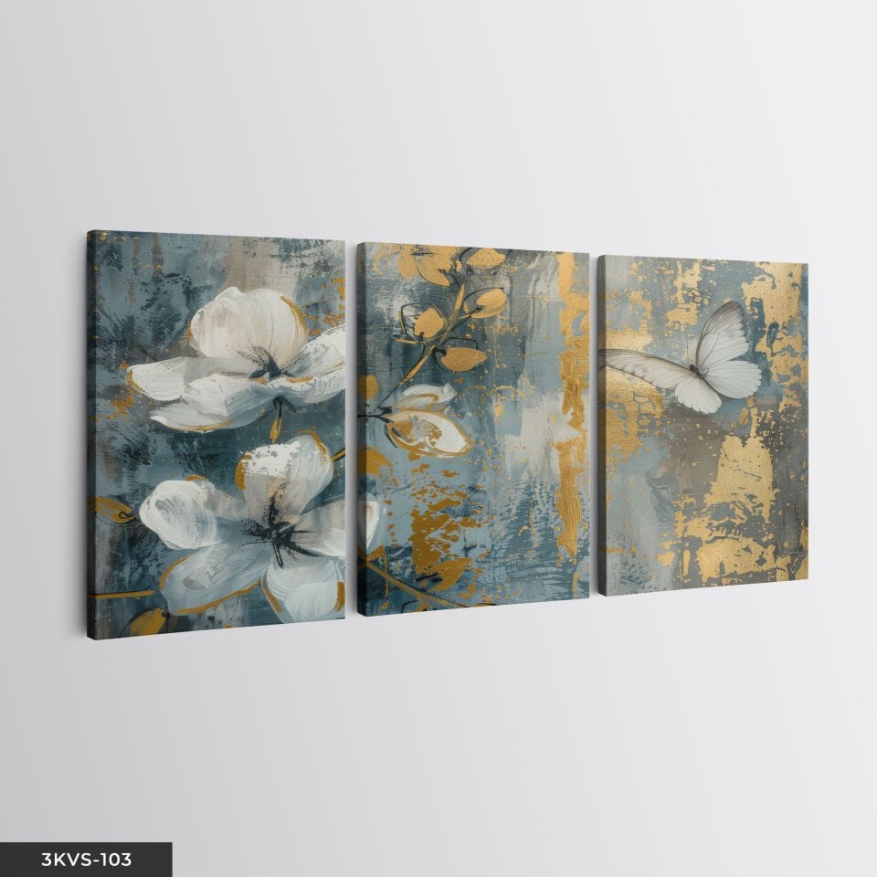 Gold Detaylı Çiçek ve Kelebek 3 Parça Kanvas - Canvas Tablo 45 x 65 CM