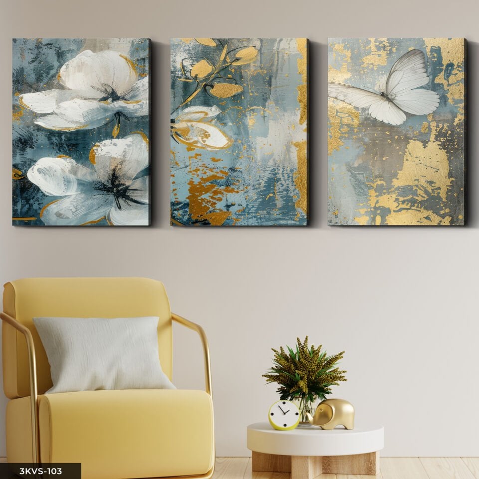 Gold Detaylı Çiçek ve Kelebek 3 Parça Kanvas - Canvas Tablo 40 x 30 CM