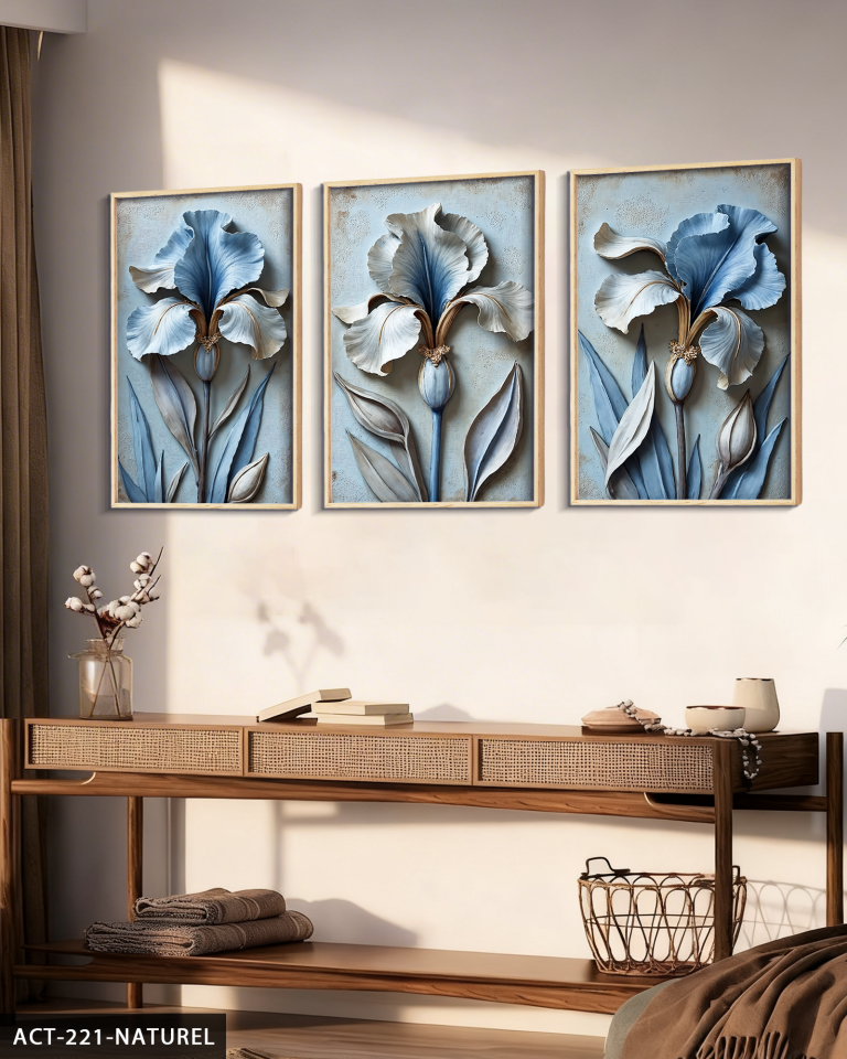 Dokulu Görünümlü Mavi Çiçek 3 Parça Ahşap Çerçeveli Tablo ACT Naturel - 30 x 40 CM