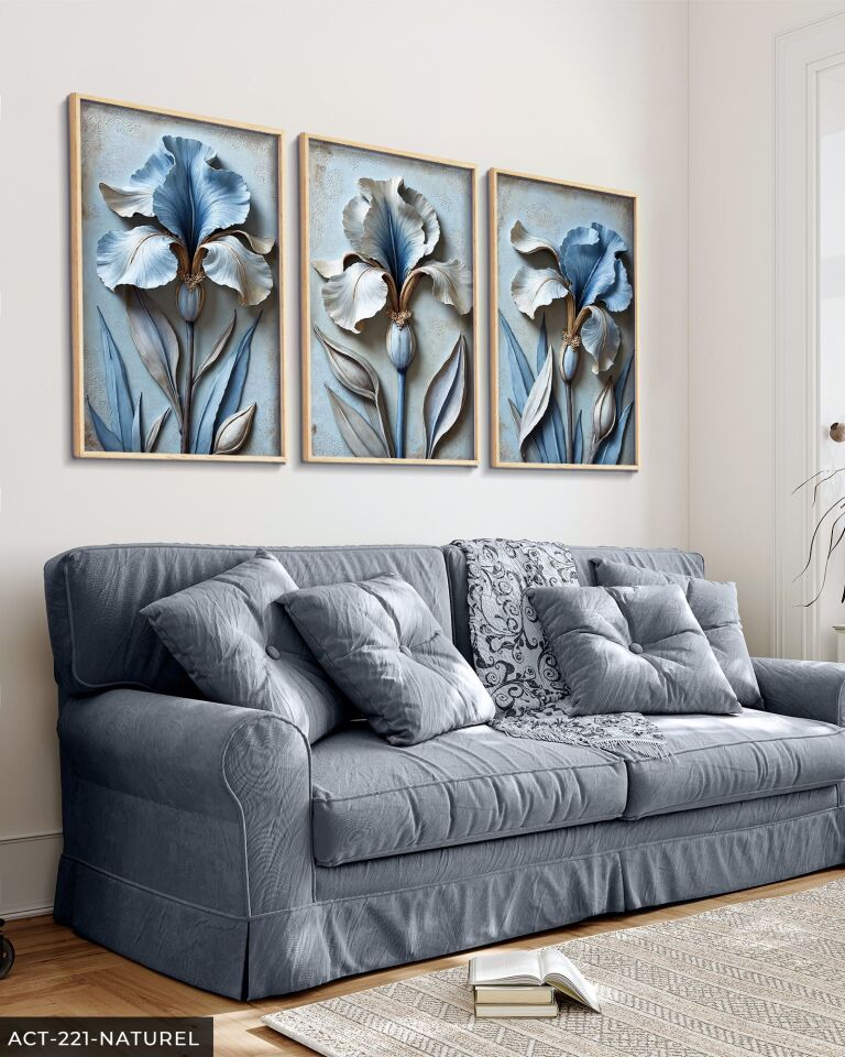 Dokulu Görünümlü Mavi Çiçek 3 Parça Ahşap Çerçeveli Tablo ACT Naturel - 40 x 60 CM