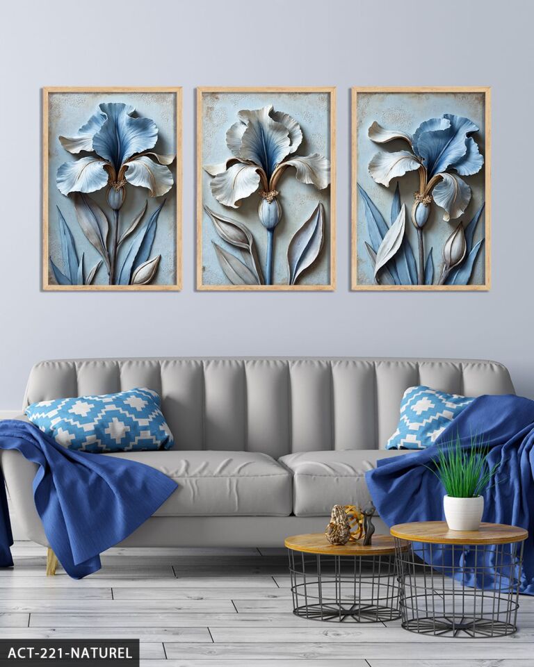 Dokulu Görünümlü Mavi Çiçek 3 Parça Ahşap Çerçeveli Tablo ACT Naturel - 40 x 60 CM