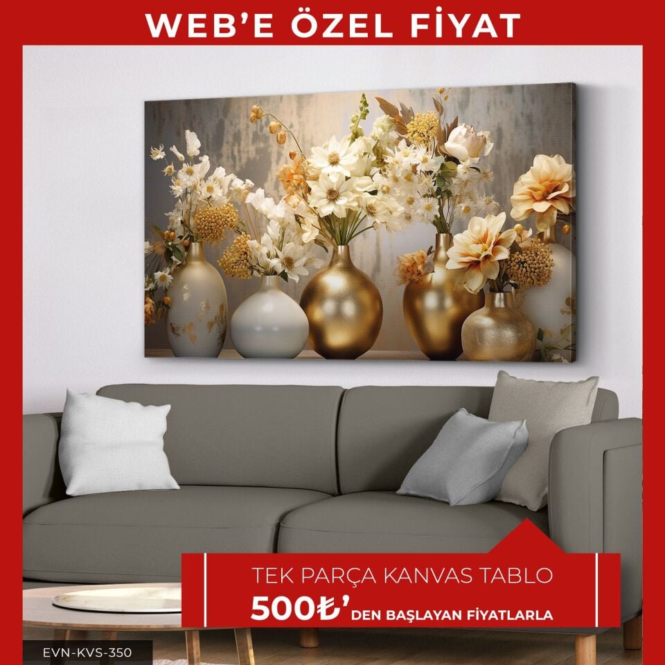 Gold Vazoda Çiçekler Tek Parça Kanvas - Canvas Tablo | WEB'E ÖZEL FİYAT