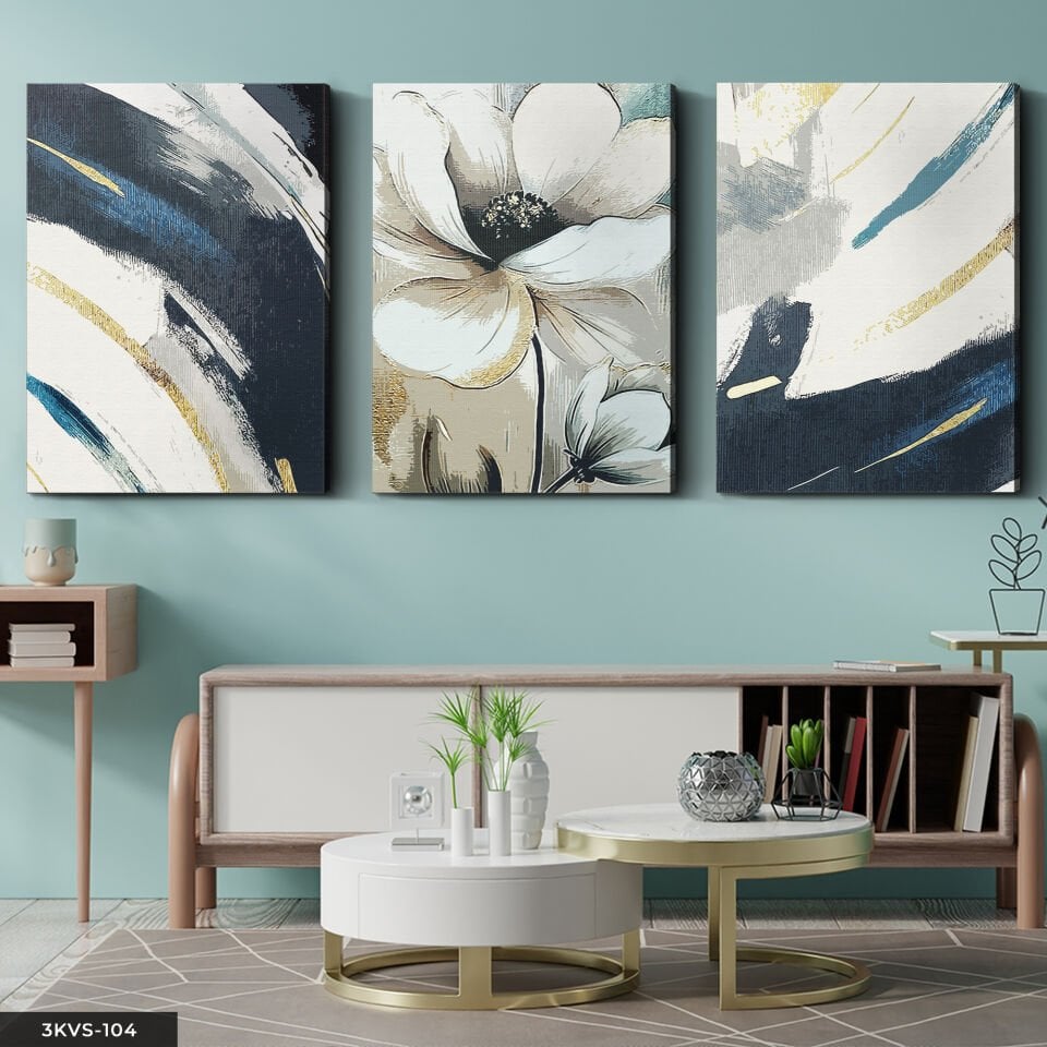 Beyaz Çiçek ve Soyut Sanat 3 Parça Kanvas - Canvas Tablo 40 x 30 CM