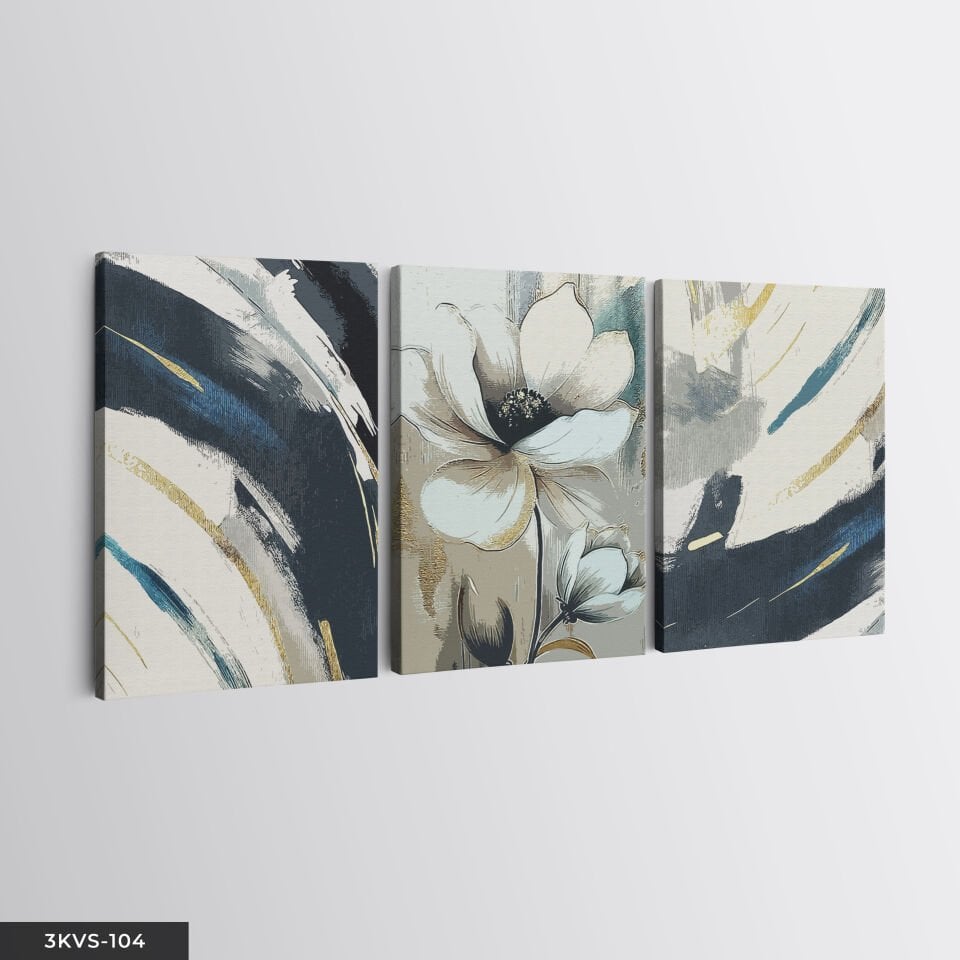 Beyaz Çiçek ve Soyut Sanat 3 Parça Kanvas - Canvas Tablo 45 x 65 CM