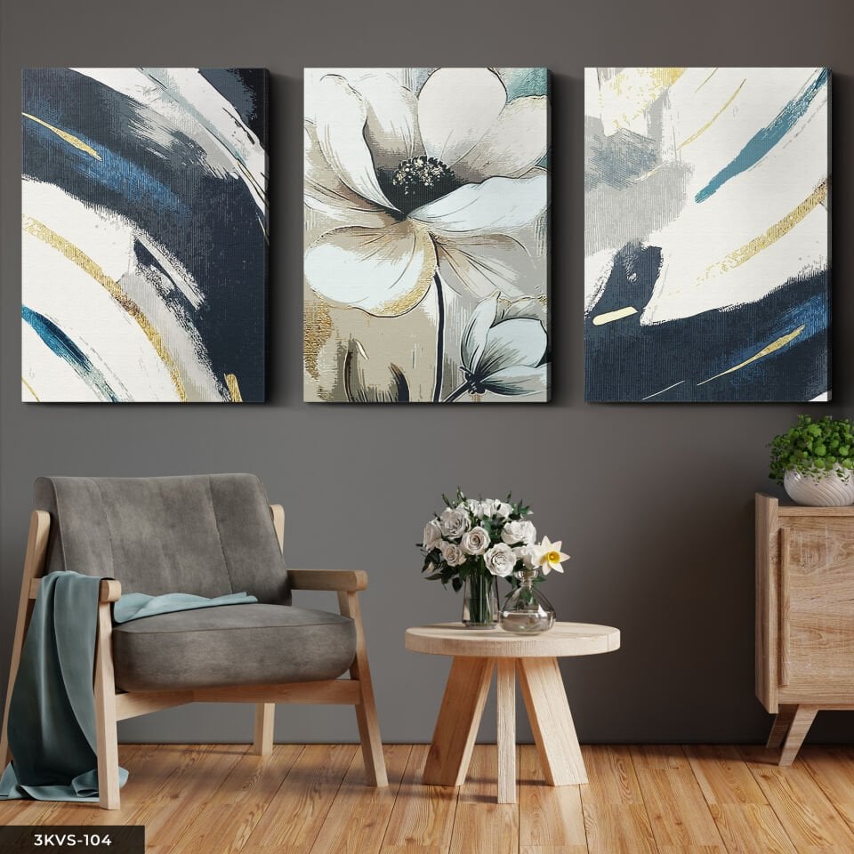 Beyaz Çiçek ve Soyut Sanat 3 Parça Kanvas - Canvas Tablo 40 x 30 CM