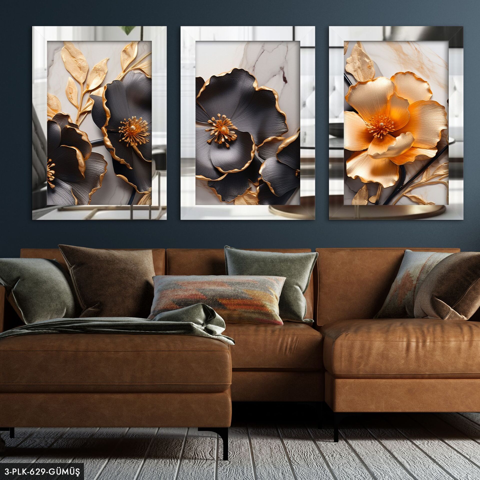 Gold Detaylı Çiçekler 3 Parça Pleksi Aynalı Tablo 40 x 60 CM - Gümüş