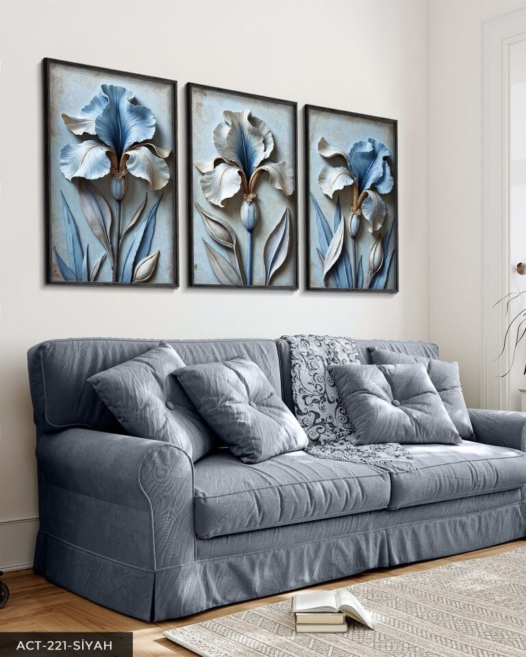 Dokulu Görünümlü Mavi Çiçek 3 Parça Ahşap Çerçeveli Tablo ACT Siyah - 20 x 30 CM