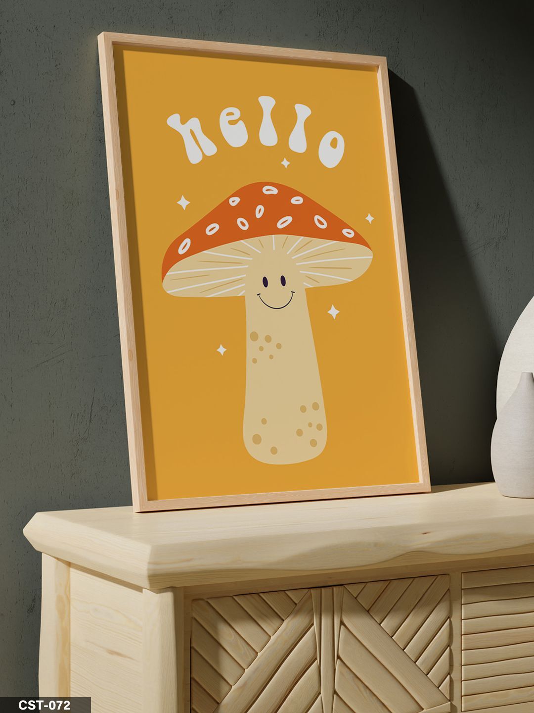 Hello Yazılı Mantar Tek Parça Ahşap Çerçeveli Tablo Naturel - 20 x 30 CM