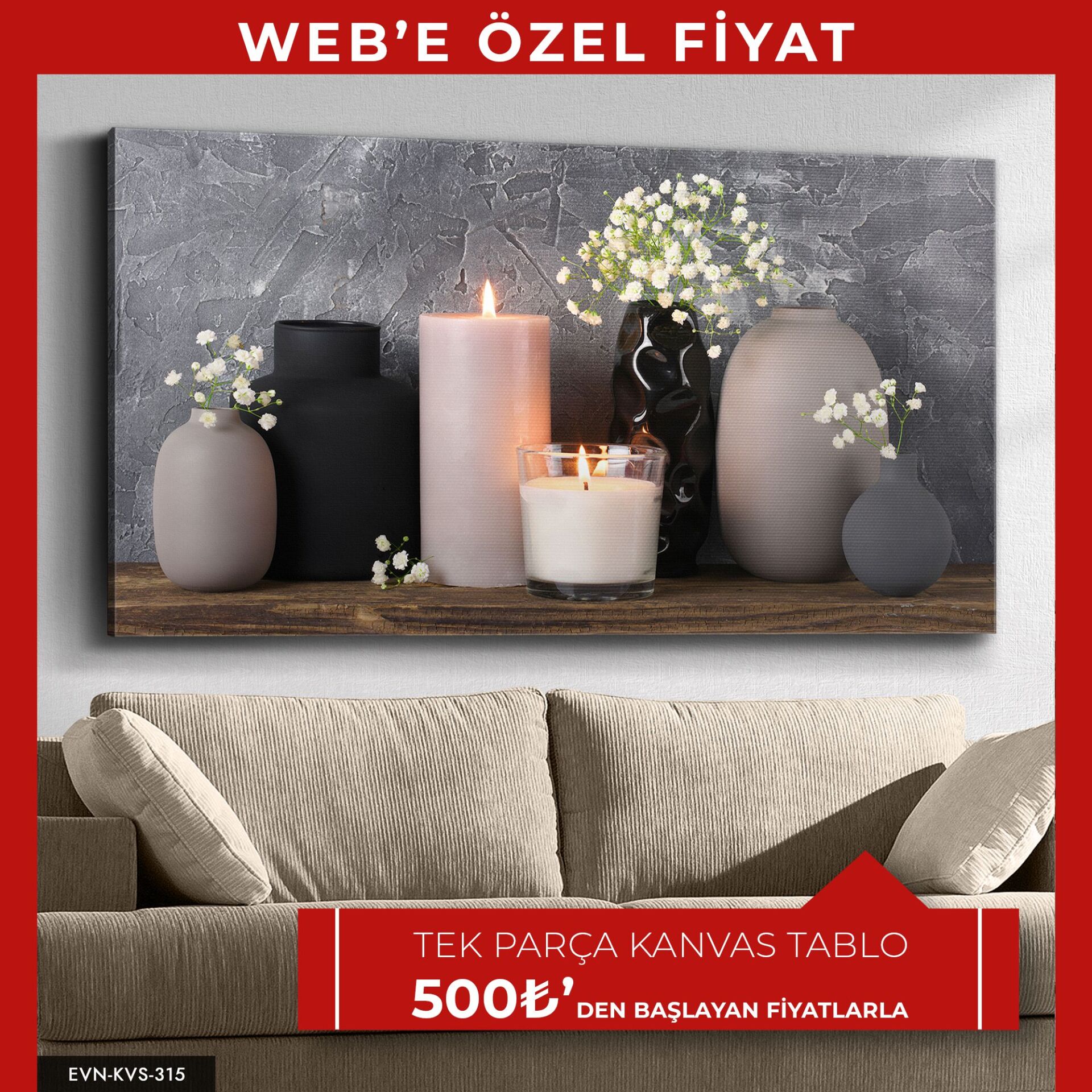 Mum Vazo Çiçekler Tek Parça Kanvas - Canvas Tablo | WEB'E ÖZEL FİYAT