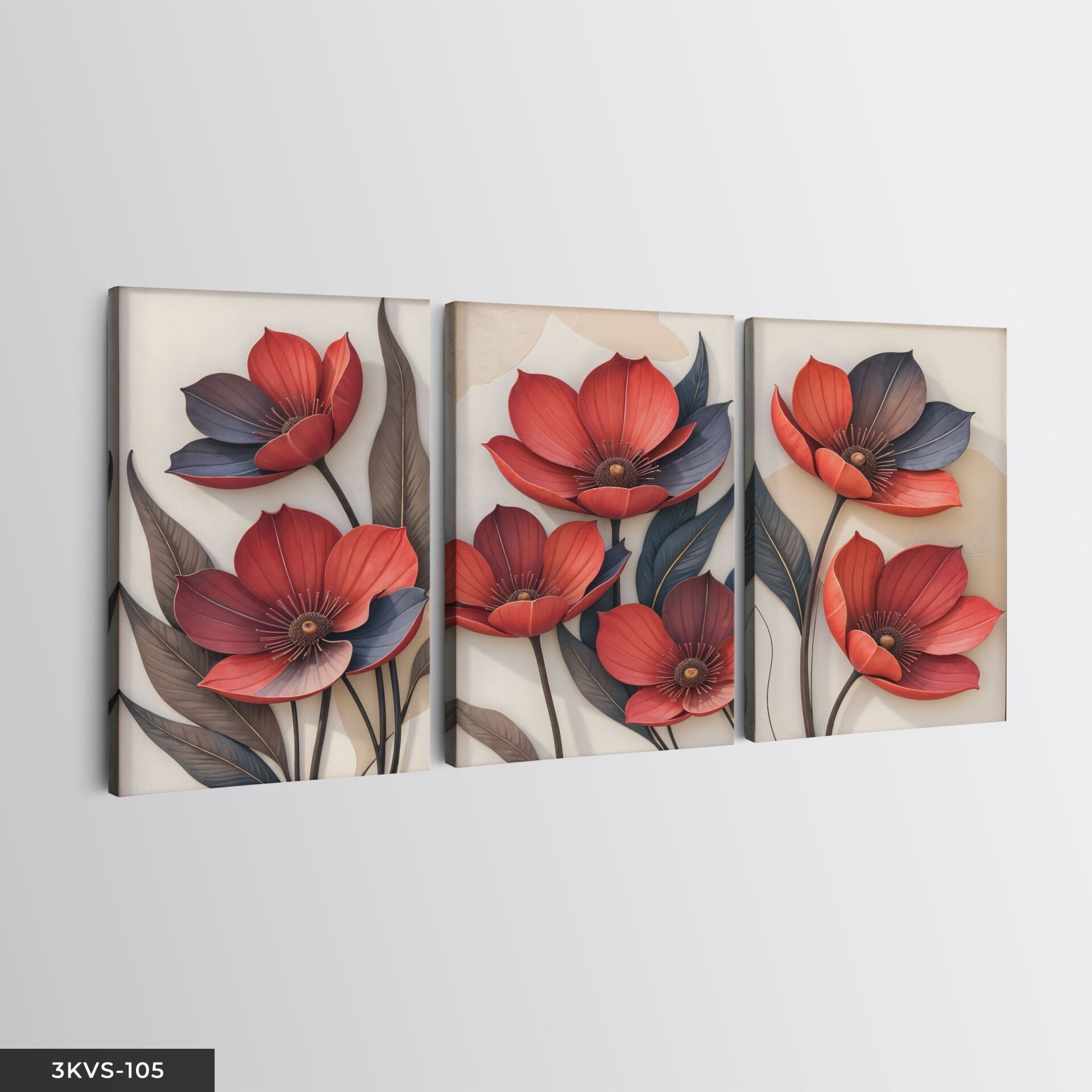 Kırmızı Çiçekler 3 Parça Kanvas - Canvas Tablo 40 x 30 CM